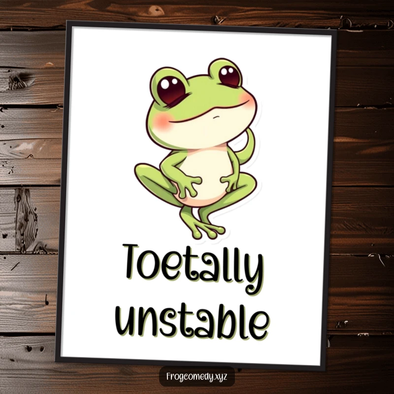 Funny frog with a mischievous wink, balancing on one toe, displayed as humorous wall art on a poster.