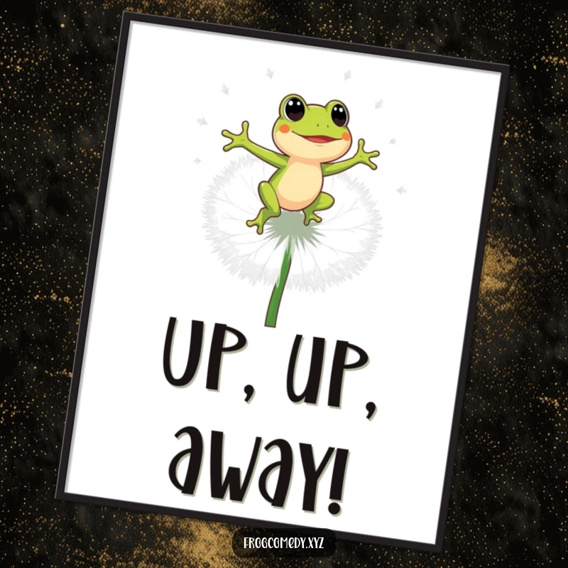 Funny energetic frog jumping on a giant dandelion puff, dynamic wall art, playful cartoon illustration, perfect humorous gift.