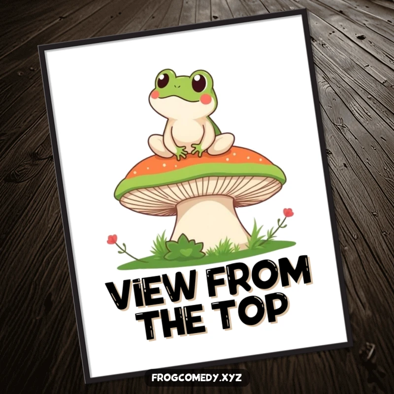 Funny poster print of a kawaii frog sitting serenely on a giant mushroom, overlooking a beautiful, expansive landscape, evoking peace and humor.