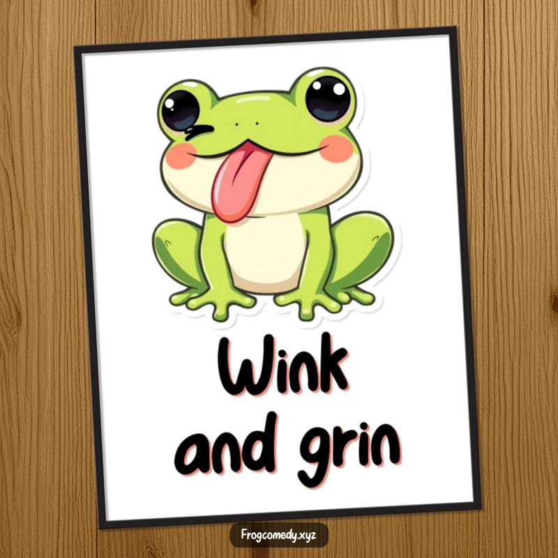 Funny Kawaii frog sticking its tongue out and winking playfully, depicted as cheeky wall art, adding bold humor to any space.