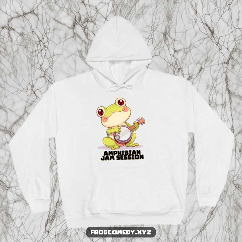 Funny kawaii frog hoodie featuring a cute amphibian enthusiastically strumming a tiny banjo, perfect for cozy, musical moments.