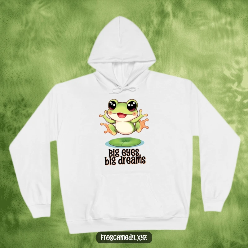 Funny big eyed frog joyfully leaping from a lily pad, on a cozy hoodie, for warm and humorous wear.