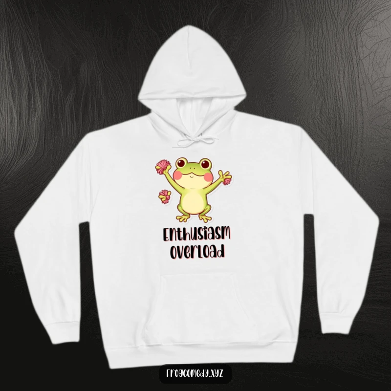 Funny Kawaii frog hoodie featuring a cute frog enthusiastically cheering with pom-poms, perfect for cozy, motivational moments.