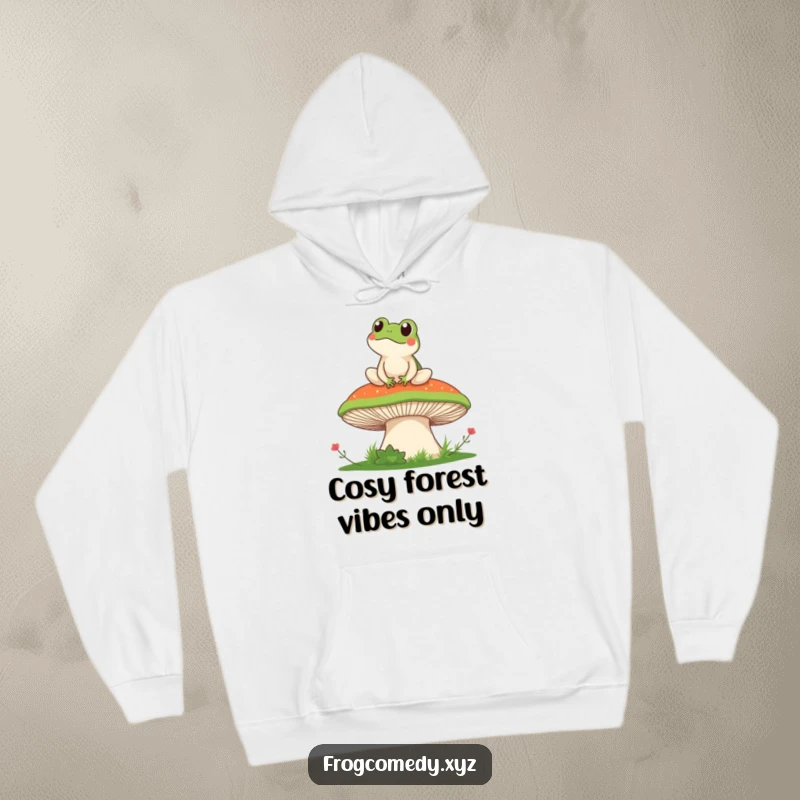 Funny hoodie depicting a cute kawaii frog sitting on a large mushroom, looking out at a picturesque vista, embodying peaceful contemplation and humor.