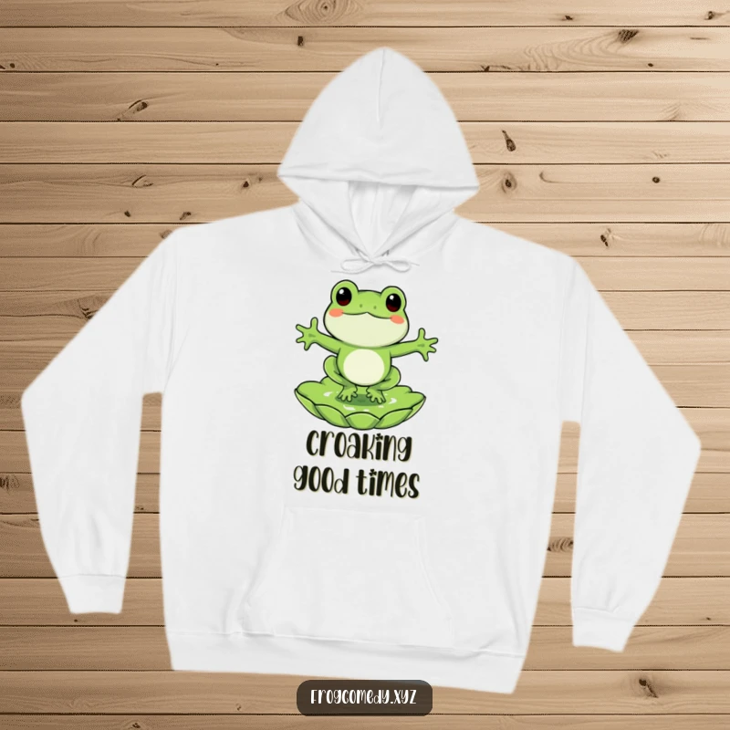 Funny frog hoodie, a happy frog jumping into a lily pad, comfortable and playful outerwear with a pond theme.