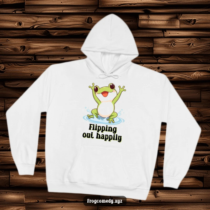 Soft hoodie featuring a kawaii frog doing a joyful somersault, with a small splash of water.