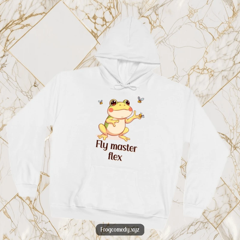 Funny kawaii frog hoodie depicting a cheerful amphibian engrossed in juggling three small flies with impressive glee and concentration.