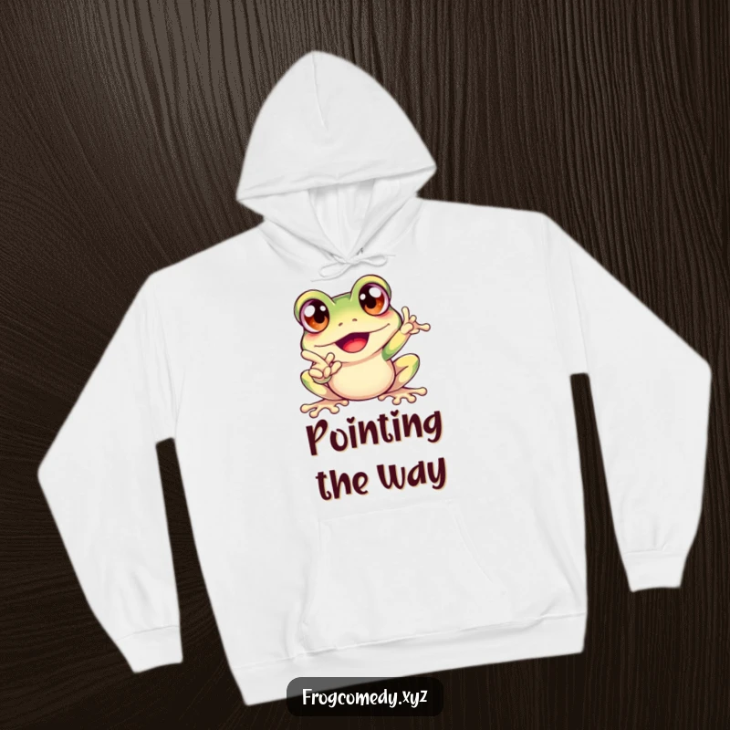 Funny hoodie showcasing an excited frog with very large, bulging eyes, energetically pointing, ideal for cozy fun.