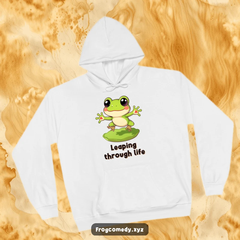 Funny Frog Hoodie: A cheerful frog character with big eyes, mid-leap from a lily pad, designed for cozy fun.
