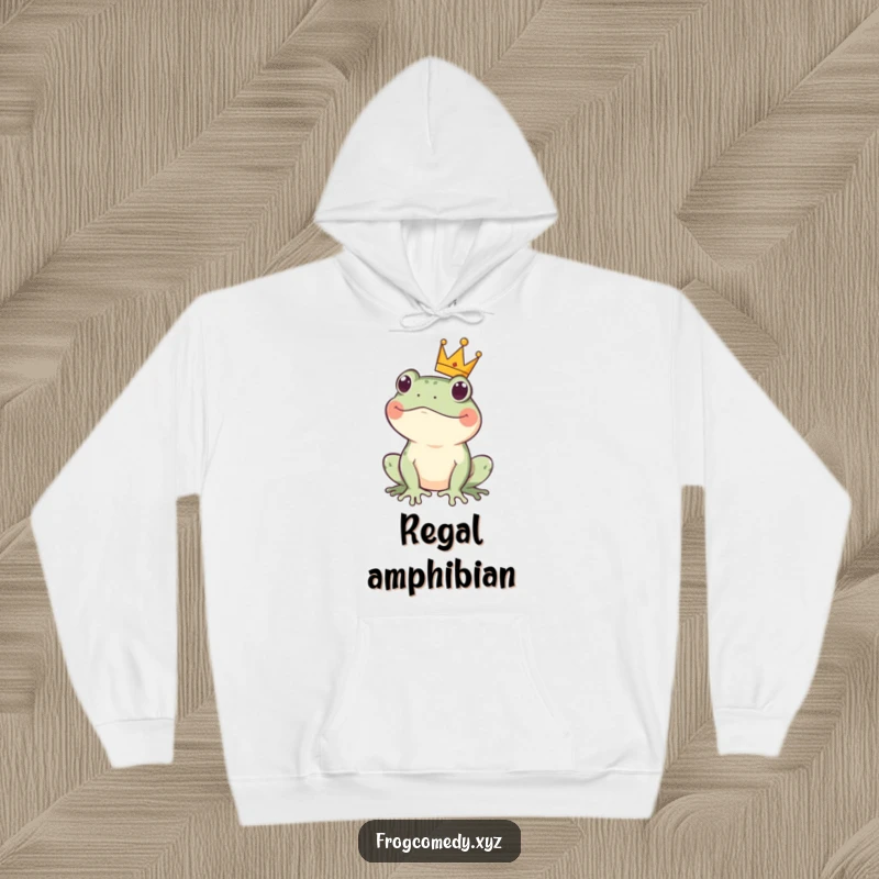 Funny kawaii frog hoodie featuring a cute amphibian wearing a tiny crown, exuding regal charm with a playful demeanor.