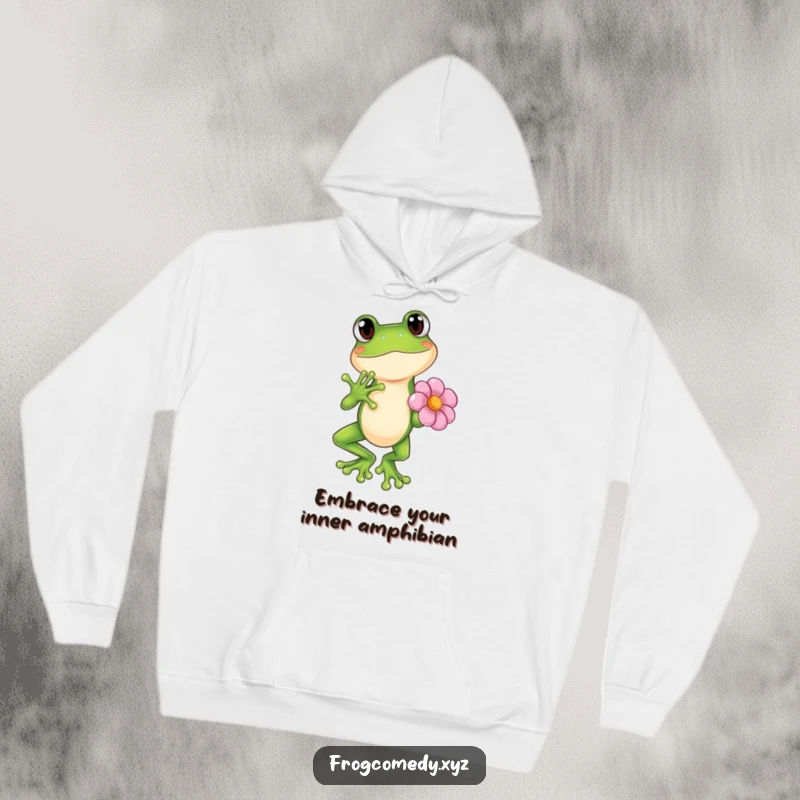 Funny Kawaii frog in a dramatic pose with a flower, cozy hoodie, cute anime design, gift idea.