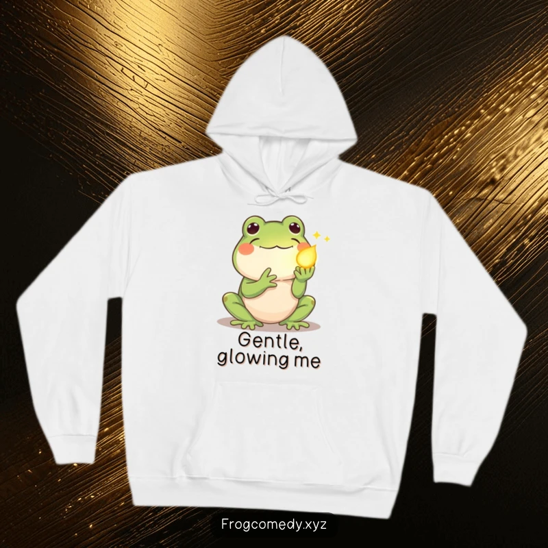 Funny kawaii frog hoodie, showing a shy frog offering a glowing firefly, offering comfort and gentle humor.