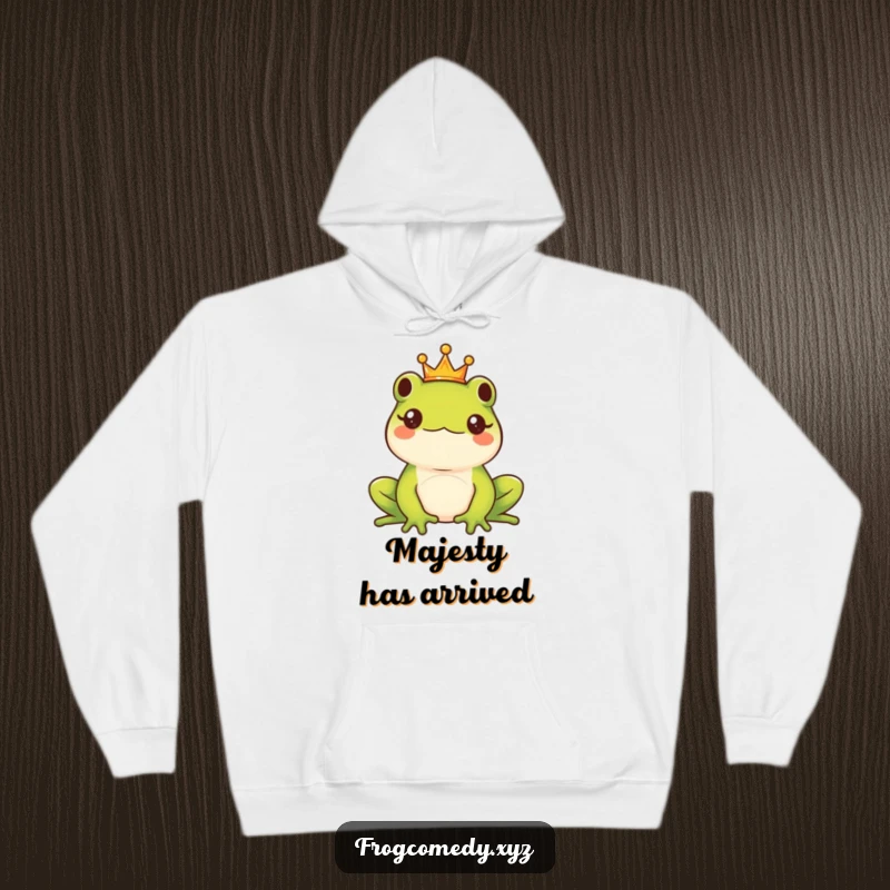 Funny Kawaii frog king adorned with a tiny crown, radiating majestic vibes on a warm, funny hoodie.