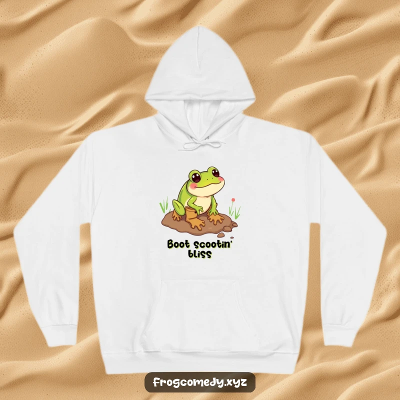 Funny hoodie with a design of a frog wearing boots comically sliding through mud, capturing a moment of hilarious mishap.