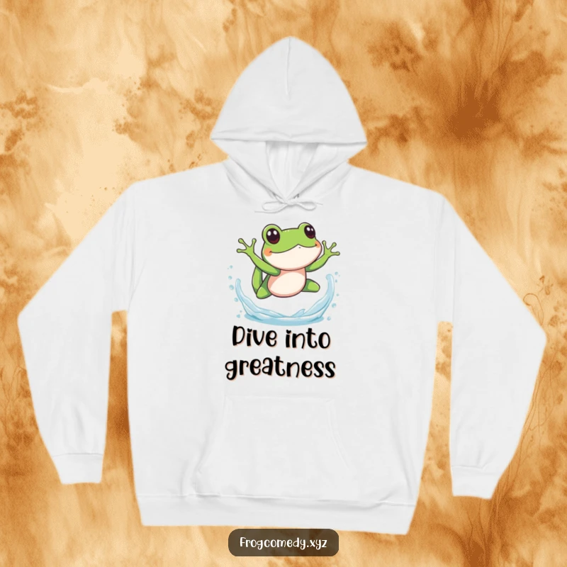 Funny splashy frog dive hoodie, showcasing an amphibian mid-dive with water splashes, offering warmth and a touch of playful aquatic fun.