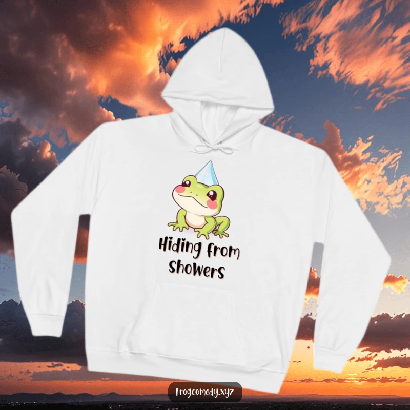Funny Kawaii frog hoodie with a cute frog peeking from behind a sparkly raindrop, a cozy and charming design for rainy weather.