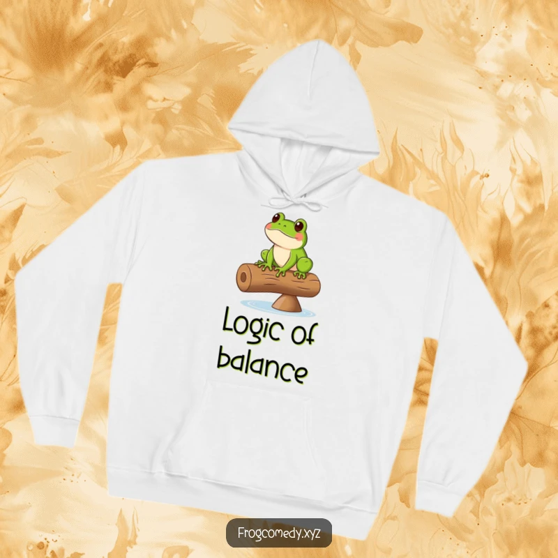 Funny hoodie with a design of a green frog balancing on a spinning log, capturing a moment of thrilling action.
