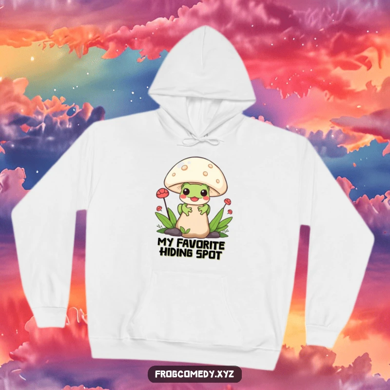 Funny Kawaii Frog Hoodie: A warm hoodie featuring a cute Kawaii frog peeking from behind a mushroom, offering comfort and whimsical charm.
