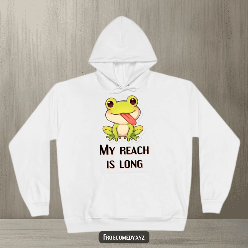 Funny hoodie showcasing a kawaii frog character extending its long, sticky tongue playfully, offering cozy and humorous warmth.