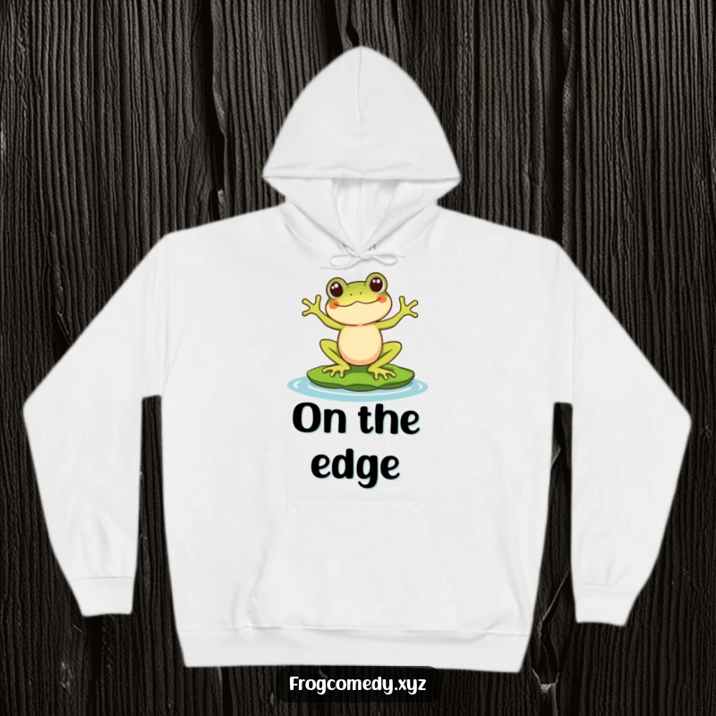 Funny Kawaii frog hoodie featuring a stylized character comically balancing on a lily pad, offering warmth and a dose of cute, relatable humor.