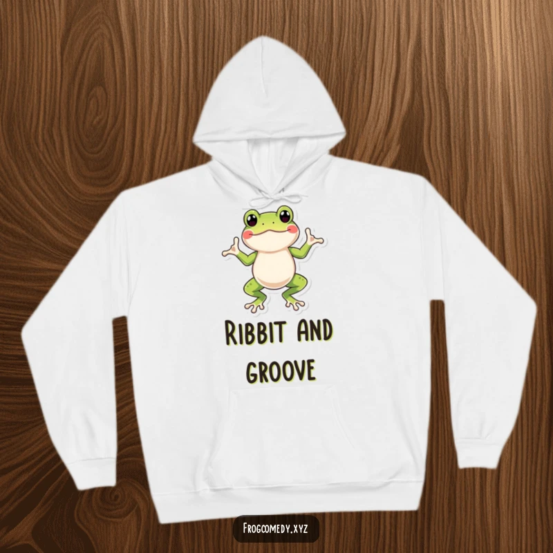 Funny frog hoodie displaying a delightful amphibian executing a hilarious wiggle dance, perfect for lounging and laughter.