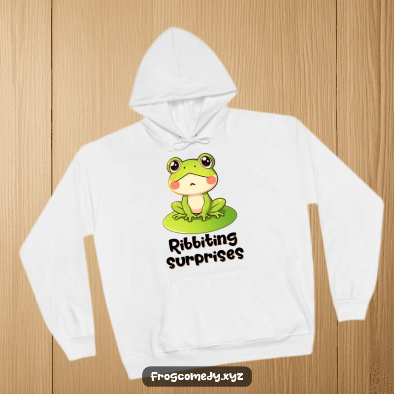 Funny hoodie with a cartoon frog looking utterly surprised while sitting on a lily pad, offering warmth and humor.