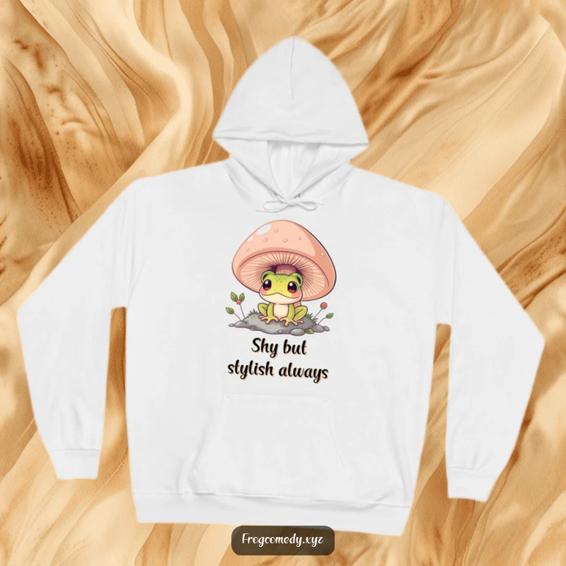 Funny frog peeking from under a big mushroom, warm hooded sweatshirt, cute cartoon animal, funny gift for nature lovers.