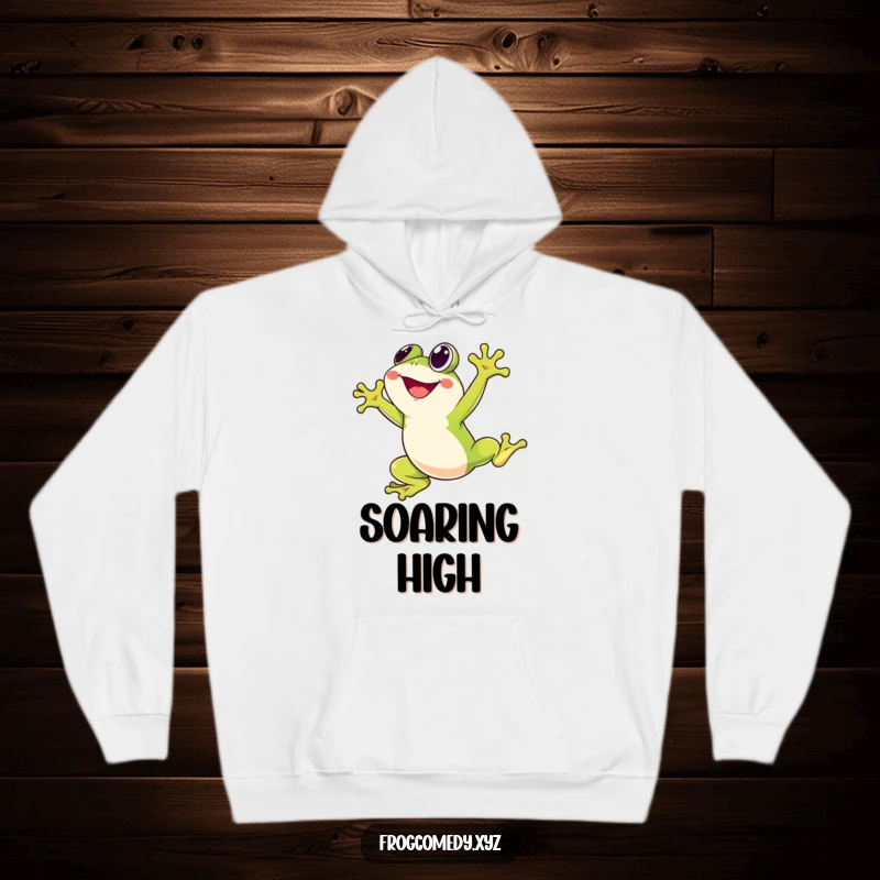 Funny Kawaii frog hoodie featuring a stylized character joyfully leaping high into the air, providing warmth and a dose of cute, energetic humor.