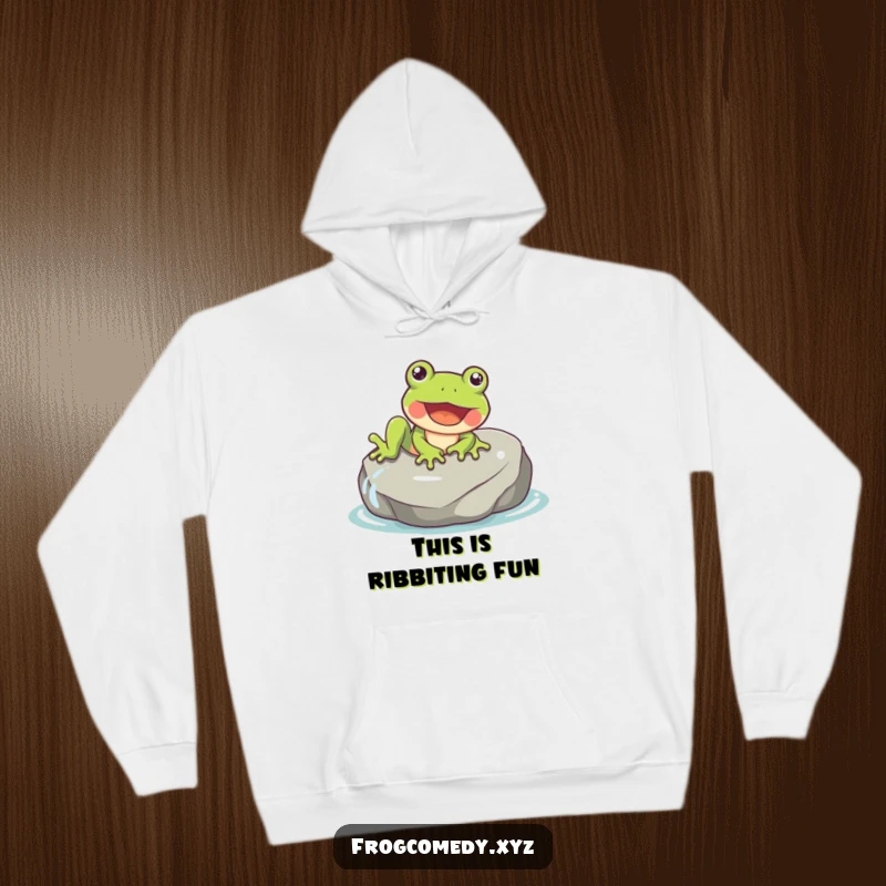 Funny hoodie featuring a gleeful frog joyfully sliding down a smooth, wet rock.
