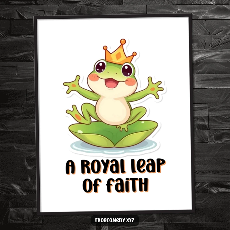 Funny Free Printable Wall Art: A joyful kawaii frog wearing a crown leaps from a lily pad, whimsical decor.