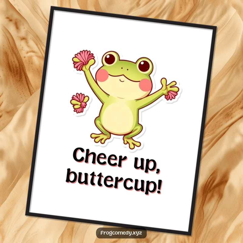 Funny Free Printable Kawaii Frog Wall Art: A Kawaii frog character enthusiastically cheering with tiny pom-poms, full of energy.