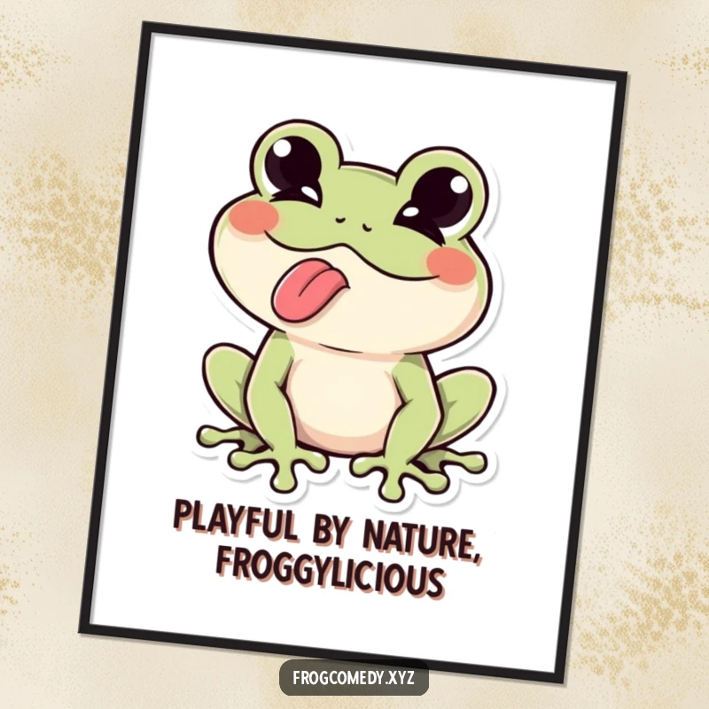 Funny Free Printable Wall Art: A cheeky kawaii frog, winking playfully and sticking its tongue out.