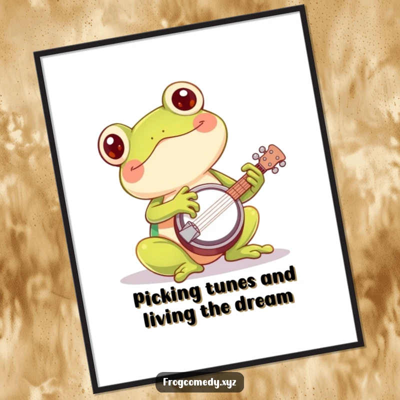 Funny Free Printable Wall Art: a happy Kawaii frog enthusiastically playing a tiny banjo, creating a cheerful atmosphere.