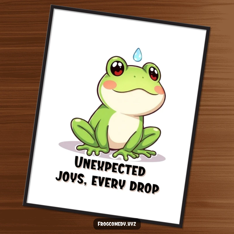 Funny Free Printable Kawaii Frog Wall Art: A Kawaii frog character looking surprised as a single raindrop falls towards its face.