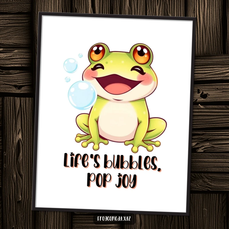 Funny Free Printable Wall Art: A grinning Kawaii frog blows a cascade of shimmering bubbles, creating a scene of pure, bubbly delight.