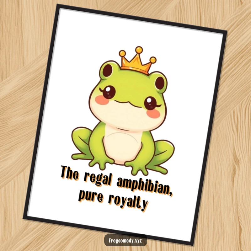 Funny Free Printable Wall Art showing a majestic kawaii frog with a tiny crown, exuding an air of regal, whimsical charm.