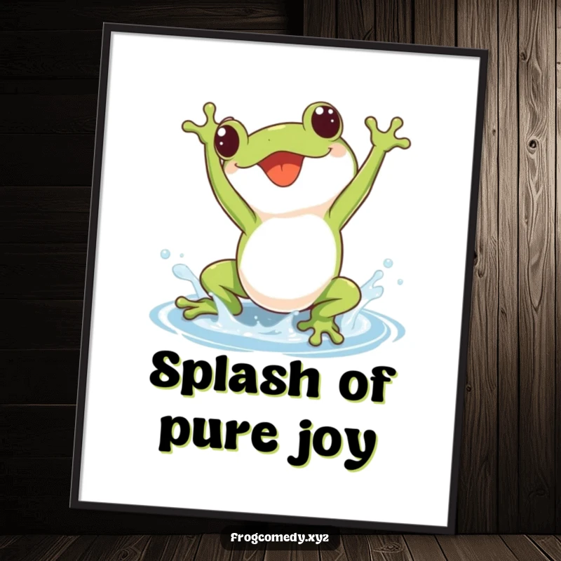 Free Printable Wall Art: A kawaii frog performing a joyful somersault, creating a charming water splash.