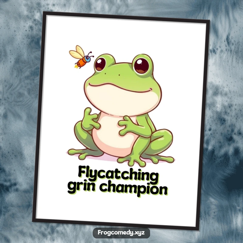 Funny Free Printable Wall Art: A frog with an enormous grin, skillfully catching a fly with its long tongue.