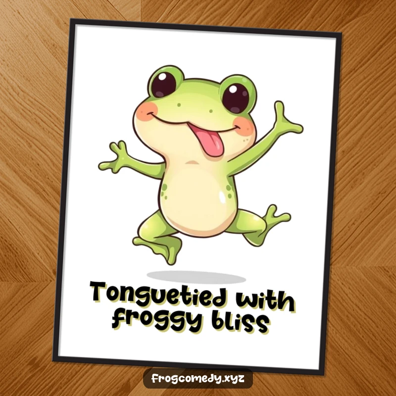 Funny Free Printable Wall Art: A happy frog captured mid-silly leap, tongue out in surprise, bringing joy to the space.