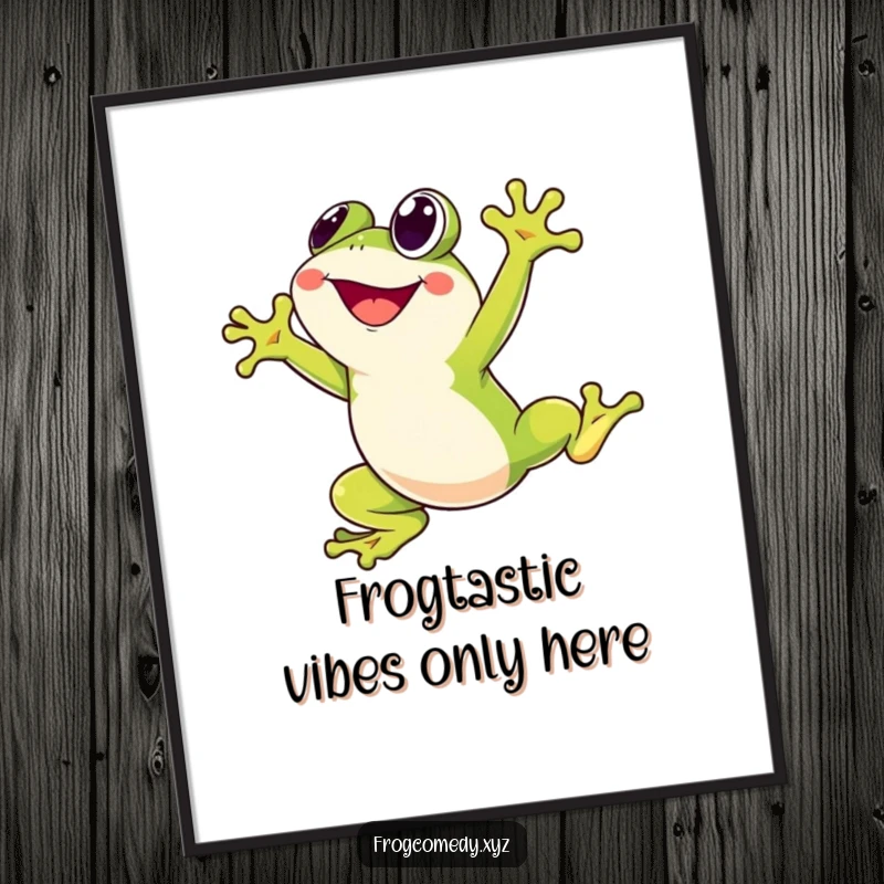 Funny Free Printable Wall Art: Kawaii stylized frog character joyfully leaping high in the air, energetic downloadable decor.