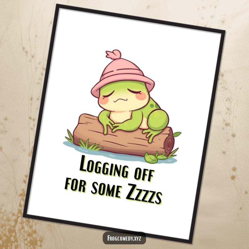 Funny Free Printable Wall Art featuring a sleepy frog in a tiny hat dozing on a log, ideal for cozy home decor.