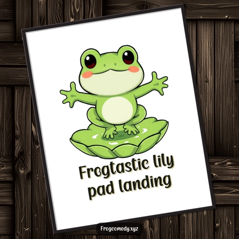Funny Free Printable Wall Art: A joyful frog character captured mid-leap, heading towards a serene lily pad.