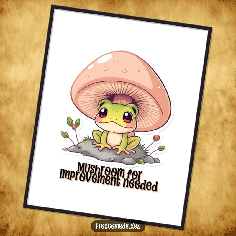 Funny Free Printable Wall Art: A curious frog peeks from under a large mushroom, adding whimsical charm to any room.