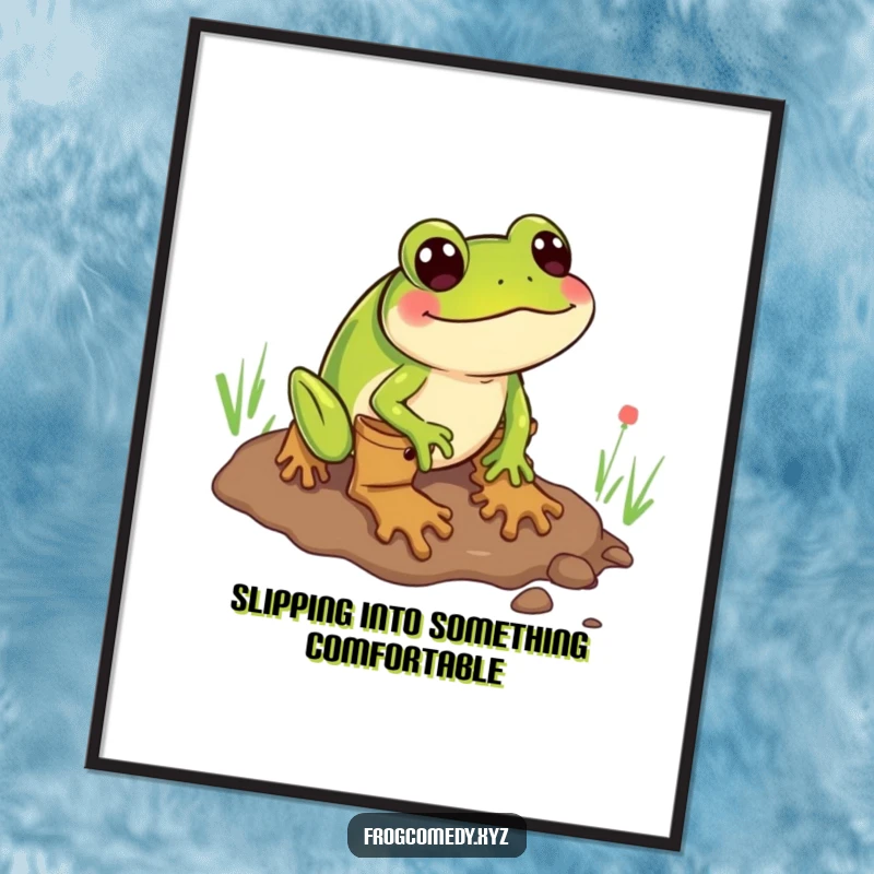 Funny free printable wall art: A frog wearing boots comically slides on mud, whimsical downloadable decor.