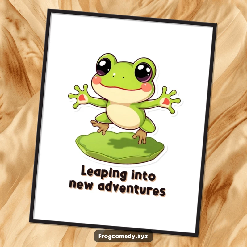 Funny Free Printable Wall Art: A cheerful frog character with large, expressive eyes leaping high from a lily pad.