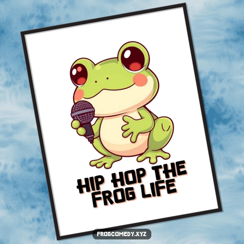Funny Free Printable Wall Art: A cute Kawaii frog holds a miniature microphone and croaks cheerfully, ready to perform.