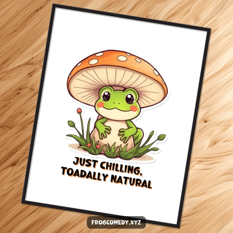 Funny Free Printable Kawaii Frog Wall Art: A cute Kawaii frog peeking out from behind a giant mushroom, looking curious.