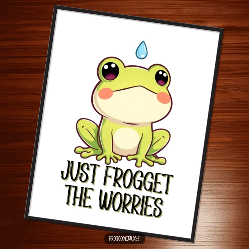 Funny Free Printable Wall Art featuring a Kawaii frog with a comically surprised expression at a single falling raindrop.