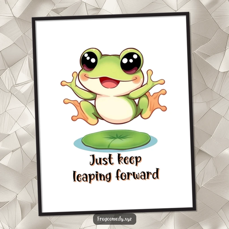 Funny Free Printable Wall Art: A frog with enormous eyes is captured in a joyful leap from a lily pad.
