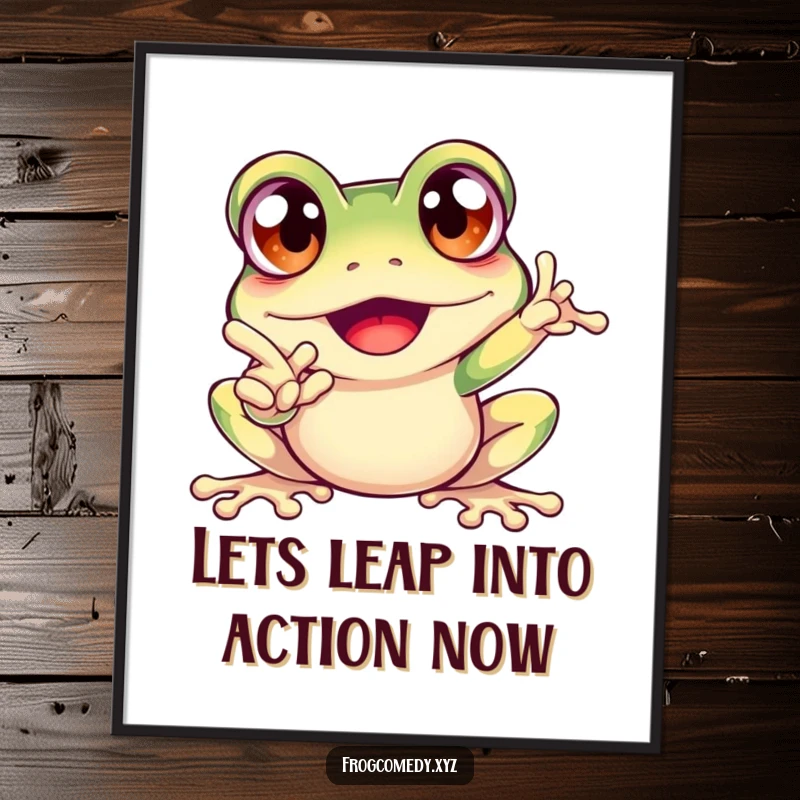 Funny Free Printable Wall Art: An excited frog with bulging eyes points forward, full of energy and personality.
